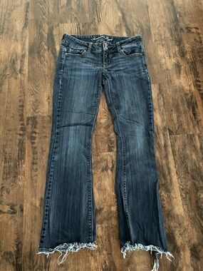 American Eagle Outfitters Dark Blue Flare Jeans with Frayed Hem